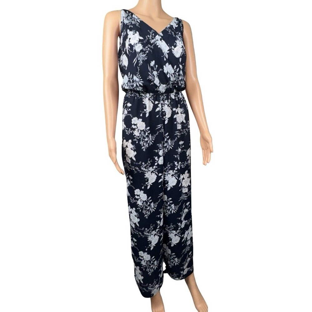 Timing Womens Size 1X Jumpsuit Wide Leg Jumper Pants Blue With Flowers Pre-Owned